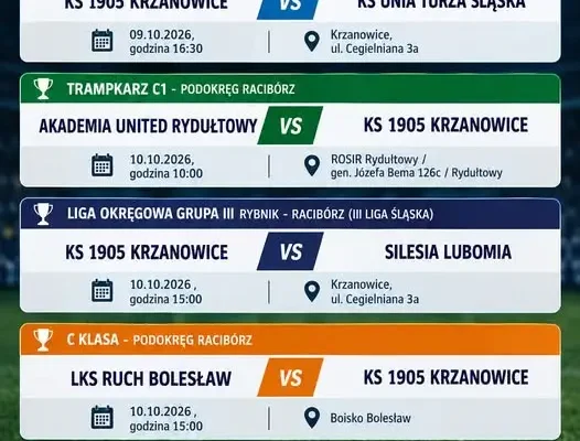 Weekendowy rozkład jazdy KS 1905 Krzanowice: od Młodzika D1 do ligi okręgowej