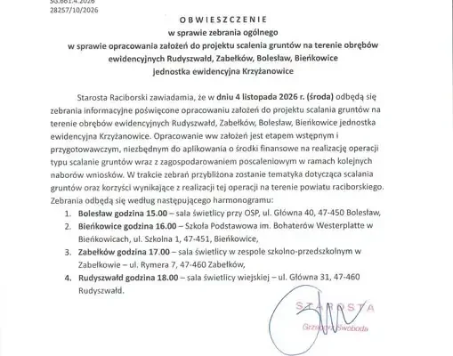 Scalanie gruntów w gminie Krzyżanowice – zebrania informacyjne już 4 listopada